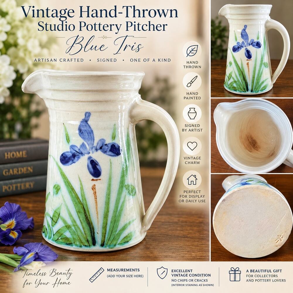 Vintage Hand Thrown Studio Pottery Pitcher Blue Iris Flower Signed Artist 8.5"